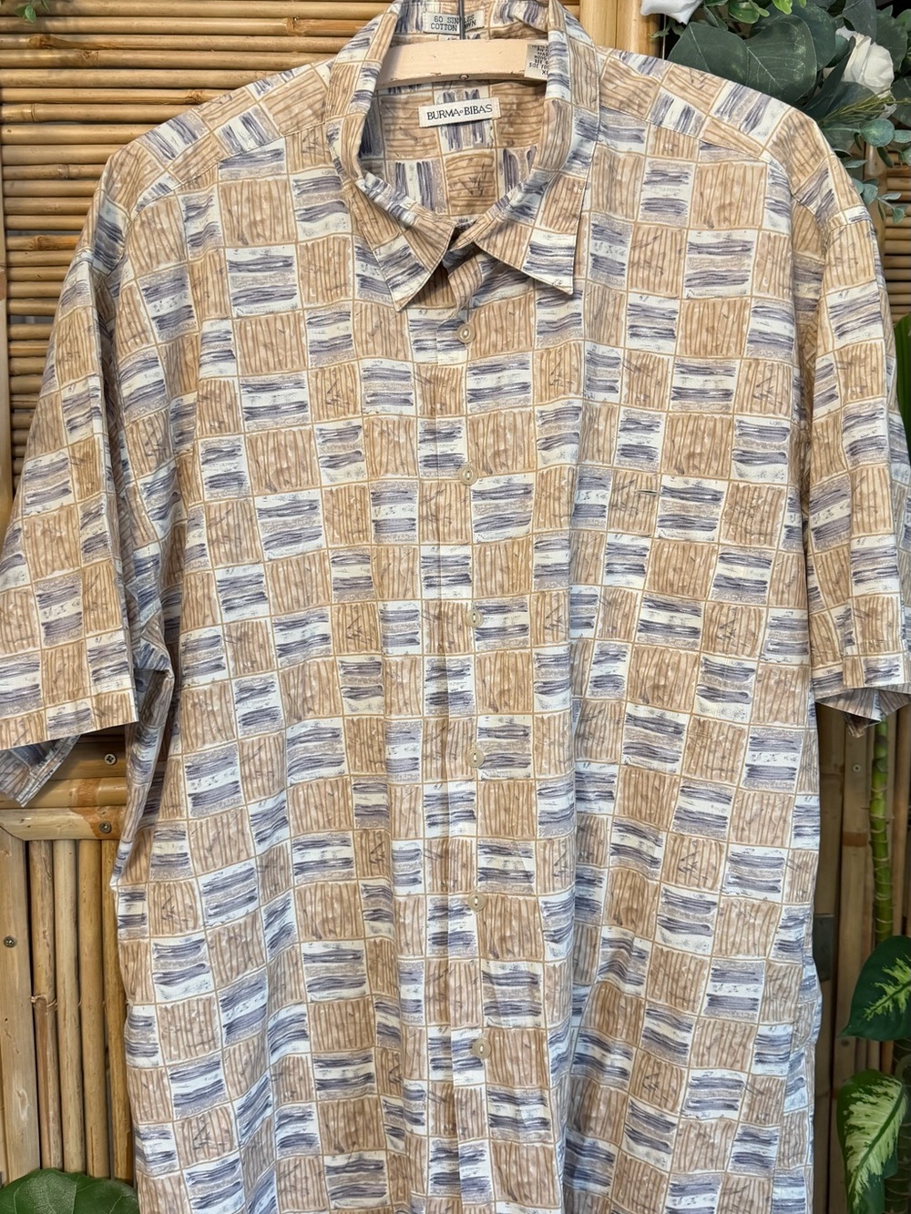 VTG Burma Bibas 60 Singles Cotton Lawn Shirt Mens XL Geometric Block Tan Blue